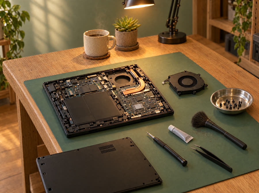 Notebook aberto na bancada durante a manutenção